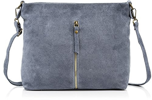 FIRENZE ARTEGIANI. Sac pour femme en cuir véritable. Sac à bandoulière finition camoscio. Poche frontale zippée. Sac bandoulière pour femme. Made in Italy. Vera Pelle Italiana, bleu, Utilitaire