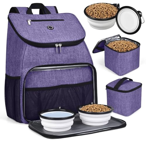 BAGLHER 丨Dog Travel Bag, Airline Approved Pet Supplies Backpack, Dog Travel Backpack Accessories Set with 2 Silicone Collapsible Bowls and 2 Food Baskets. Purple