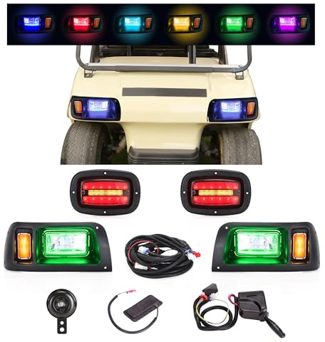 10L0L Deluxe Golf Cart Light Kit for Club Car DS All Years, Headlight Taillight Kit, RGB Music Daytime Running Light, with High/Low Beam Turn Signal Hazard Blinker Brake Light and Horn (12V-60V Input)