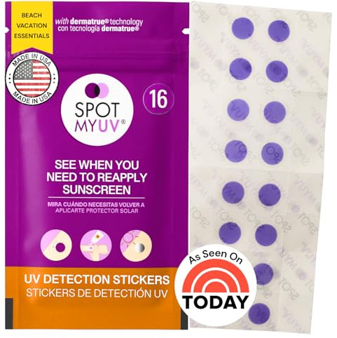SpotMyUV UV Detection Stickers for Sunscreen with Patented Dermatrue SPF Sensing Technology, Know When to Reapply Sunscreen to Help Prevent Sunburn, 16 Count