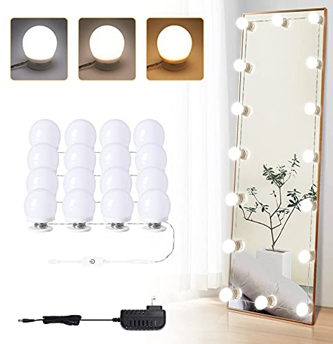 Lrlite Vanity Lights for Mirror, 16 LED Bulbs Hollywood Makeup Lights, 3 Color Modes, Dimmable Brightness, Plug in, Stick up, for Dressing Table Bathroom Body Wall Mirror Lights