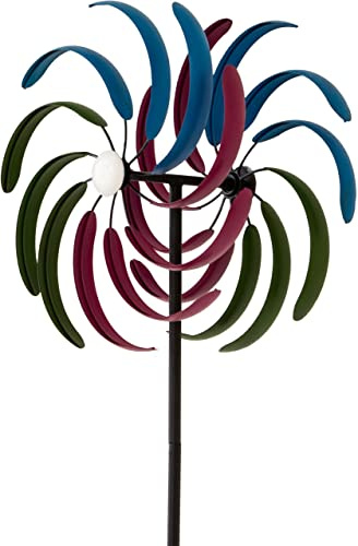 NATIV Windrad für den Garten | Windspiel Gartendeko | Gartenstecker mit 2 Windräder | Metall | kugelgelagerte Propeller | schöner optischer Effekt | farbenfrohe Optik | Höhe: 175 cm