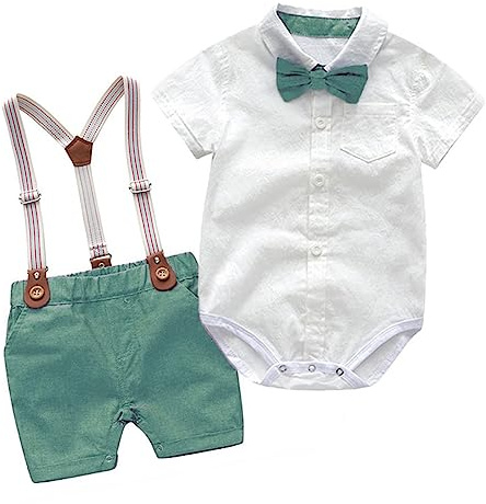 Dazzerake 2 Pezzi Completi per Neonato Tutina da Gentiluomini Estivi Pagliaccetto Camicia a Maniche Corte con Papillon + Salopette Pantaloncini con Bretelle 0-24 Mesi