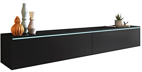 Mirjan24 TV Lowboard Stone, TV Schrank, Fernsehschrank, Grifflose Öffnen, Hängeschrank Hochglanz Matt Wohnwand (Schwarz Graphit, Modell: 180 / mit weißer LED Beleuchtung)