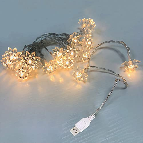 Riaxuebiy Lotus Lichterkette 20 LED Lotusblumen Lichterkette an PVC Schnur USB Betrieben für Weihnachten Party Hochzeit Terrasse Garten Dekoration (USB-2 Lichtmodi, Lotus)