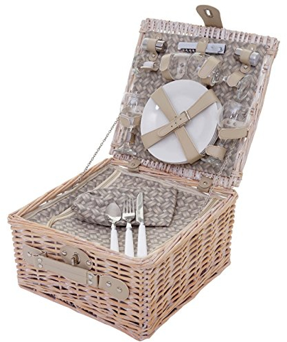 Picknickkorb-Set-AM für 4 Personen, Picknicktasche + Kühlfach, Porzellan Glas Edelstahl, beige