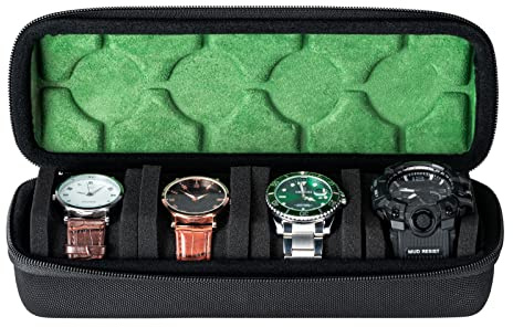 4 slots Hard men's watch travel case roll, Portable display storage organizer box with soft foam pillows snug fit all size watches up to 60mm face(green microfiber lining)