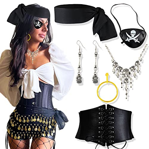 JeVenis Pirate Costume Accessories Set Pirate Headband Wrap Eye Patch Earring Necklace Waist Belt Captain Pirate Costume Carnival Music Festival Outfit