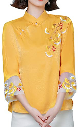 Camisa china con bordado floral para mujer, manga 3/4, botón de rana, cuello mandarín, blusa étnica de lino de algodón, Amarillo-1, Large