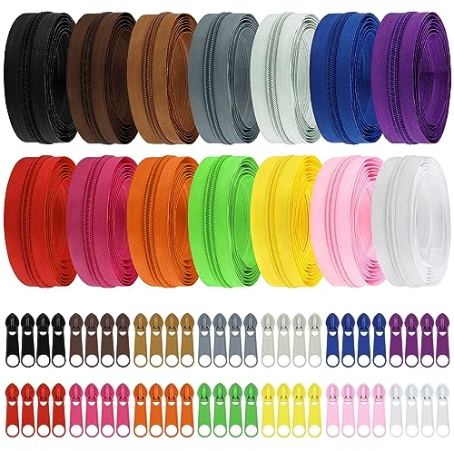 DOITEM Endlos Reißverschluss Set mit Zipper 5mm 28 Meter Inklusive 64 Metall Schieber für Kleidung Tasche Mäppchen Bettwäsche, 14 Farben