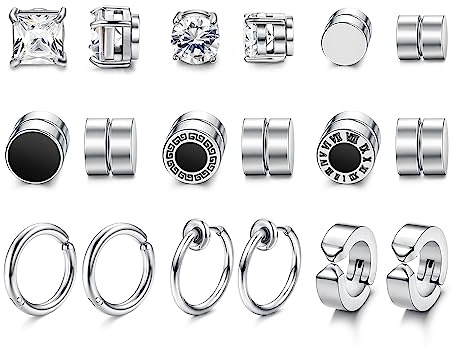 MILACOLATO 9 Pares Pendientes Magnéticos para Hombre y Mujer - Plata, No Perforados, con Clip Magnético y CZ en Aro Falsos