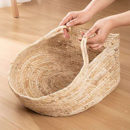 iplusmile Katzenkorb zum Schlafen - Geflochten Katzenbett, Handgefertigter Rattankorb, Sommer Stroh Hundebett Haustierbett 40x40x14cm