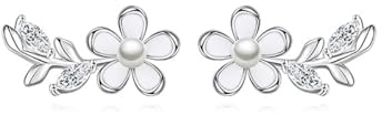 Reffeer 925 Sterling Silver Flower Stud Earrings for Women CZ Leaf Earrings Pearl Earrings