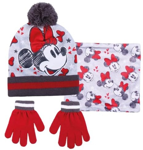 Disney Minnie Mouse Berretto con Pompon + Sciarpa da Snodo + Guanti Set da 3 Pezzi per Inverno Regalo Confezionato per Ragazze, rosso e bianco , Taglia unica