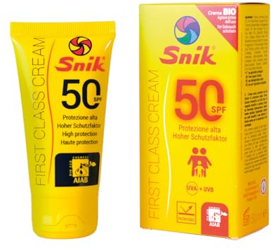 Snik FIRST CLASS CREAM | Crema Solare Viso Professionale Montagna, Sci, Sport Estremi | Esposizione Prolungata al Sole | BIOLOGICA con CAROTENE | SPF 50 Protezione Alta UVA+UVB | Tubetto 50 ml.