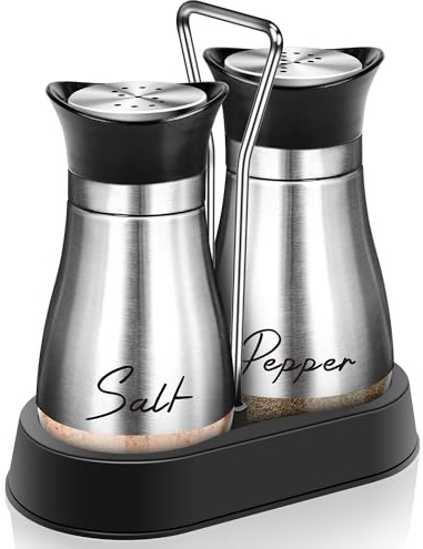 Set di saliera e pepe con supporto, 113,4 g in acciaio inox con fondo in vetro, gadget da cucina per bancone decorazione moderna, tavolo, camper, campeggio, barbecue, design ricaricabile (argento)