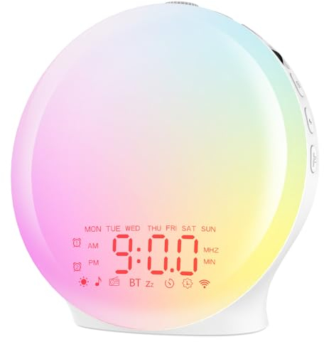 Réveil Lumière Bluetooth,Radio Eveil Matin Lumineux Lampe de Chevet 20 Niveaux de Luminosité Simulateur d'Aube et Crépuscule 2 Réveils 22 Sons Naturels Fonction Snooze 17 Couleurs Veilleuse Enfant