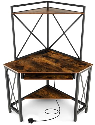 COSTWAY Corner Computer Desk, Triangle Study Desk Writing Workstation with Hutch, Open Shelves and Keyboard Tray, Space-Saving Wooden Gaming PC Laptop Table for Home Office Bedroom (Rustic Brown)