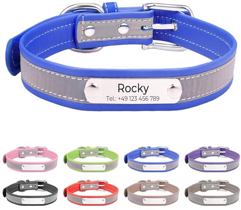 Reflektierend Halsband für Hunde aus Leder Personalisierte Hundehalsband mit Namen Gravur Blau Halsband mit Namenschild für den großen, mittleren Hund, Hundehalsbänder L