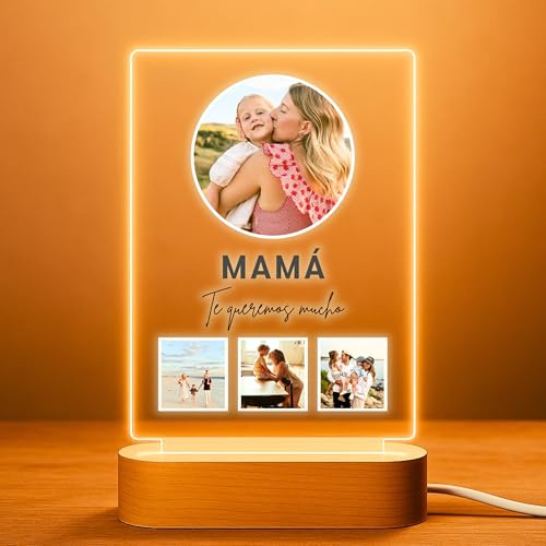 Cristal Plaque - Lámpara Vertical Personalizada con Foto Circular, Texto Mamá, Frase y 3 Fotos | Placa de Metacrilato con Luz LED | Base de Madera USB | Regalo Original para Mamá