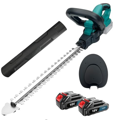 Akku-Heckenschere, 2 x 5500 mAh Akku Elektrische Heckenschere (18 V, 44 cm Schnittlänge,16 mm Zahnabstand), Verstellbarer Griff, für Äste und Sträucher