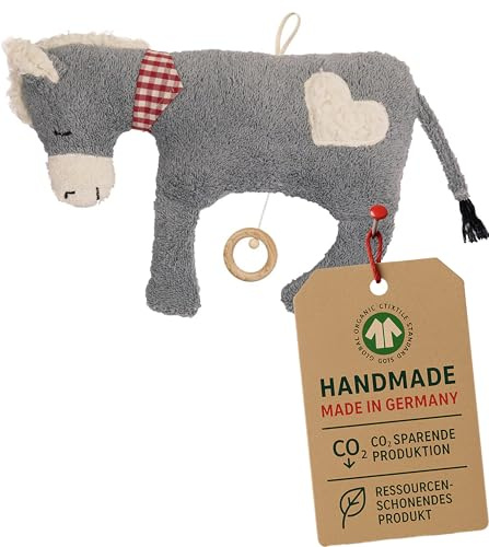 Efie Bio-Spieluhr Esel mit Herz – 100 % Baumwolle (kbA), handgefertigt – GOTS-zertifiziert – nachhaltiges Babyspielzeug - Made in Germany - Melodie (Guter Mond Du gehts so stille)