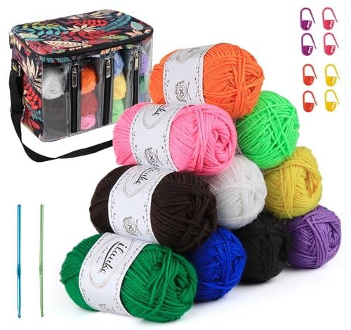 ilauke Aufbewahrungstasche für Wolle, Stricktasche Aufbewahrung mit 12-Farben von 30g/Rolle Garn, Häkeln, Nähnadeln und Markierungsschnallen, für Stricknadeln, Häkelnadeln, Projekte und Zubehör