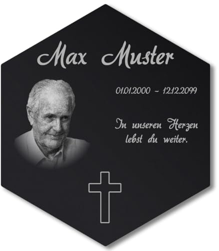 Paule Black Personalisierter Sechseck Grabschmuck mit Foto Gravur - Acrylglas Schwarz Hochglanz 175 x 200 mm - wetterfest und wasserfest für Draußen und Innen, für Opa, Oma, Mama, Papa und Verstorbene