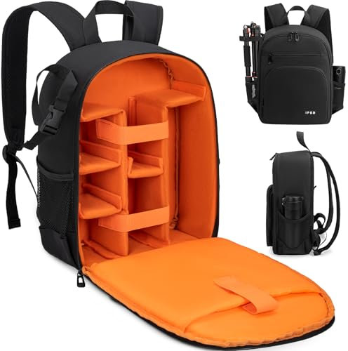 IPEB Kamerarucksack Tasche mit Stativhalterung Wasserdichtes Kameragehäuse Fotografie Rucksack Anti-Diebstahl für DSLR/SLR spiegellose Kamera Nikon Sony Canon (Schwarz-Orange)