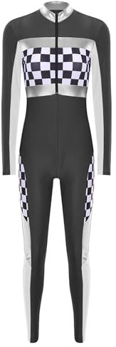 Linjinx Damen Rennfahrer Kostüm Overall Jumpsuit Langarm Bodysuit Rennfahrerin Anzug Racer Kostüm Rennwagen Kostüm Halloween Karneval Party Schwarz 3XL