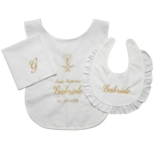 Generico Crociedelizie Veste Battesimo Battesimale Personalizzata Ricamata in Cotone con Crocetta Angelo Candela Camicino Scatola Regalo Inclusa