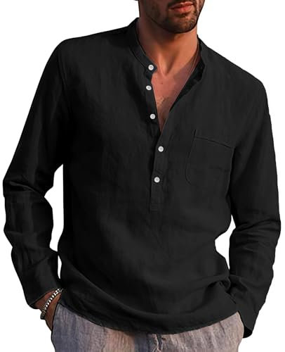 Rodawu Mens Linen Shirts Long Sleeve Casual Cotton Summer Beach Henley Shirt Tops Black M