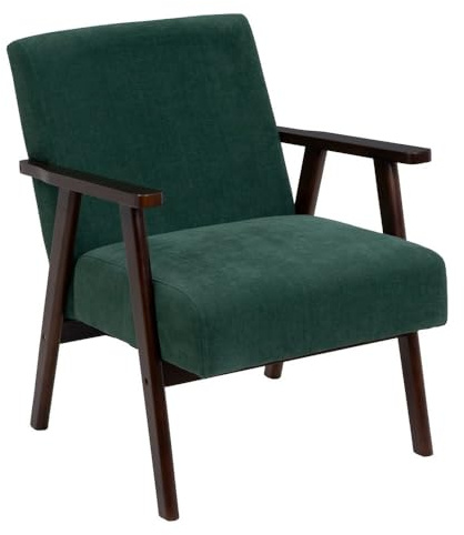 LOLAhome - Sillón butaca tapizada en Chenilla Verde Oscuro con Brazos de Madera, diseño ergonómico, cómodo y Elegante. Ideal para ambientes Modernos, rústicos o Minimalistas.