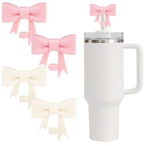 4 Pcs Pink & Beige Bow Straw Cover, 10mm Reusable Silicone Straw Toppers | for Stanley Cup Accessories, Dust-Proof Straw Cover Cap for Stanley 30/40 oz Tumbler Cups