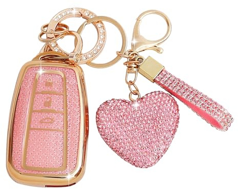 ZVRSUA Autoschlüssel-Hülle mit Diamant-Schlüsselanhänger – Kompatibel mit Toyota Schlüssel für Corolla RAV4 Corolla Camry CH-R Yaris Prius，Schlüsselcover，Smart Key，3 Tasten (Rosa)