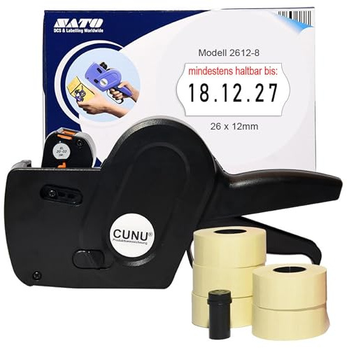 CUNU - Einzeiliger Auszeichner für Preise, Datum, Grundpreise & Chargennummern - Etikettiergerät einzeilig für 26x12mm Etiketten - Profi Gerät/Maschine geeignet als Datumsauszeichner und Preisdrucker