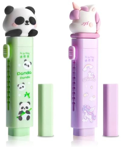 CEJAS 2 Set Goma de Borrar Retráctil,Kawaii Papeleria,Diseño Pata de Gato,Borrador de Forma de Lápiz, 2 x Borrador y 2 x Recambios de Goma de Borrar(Panda + Unicornio)