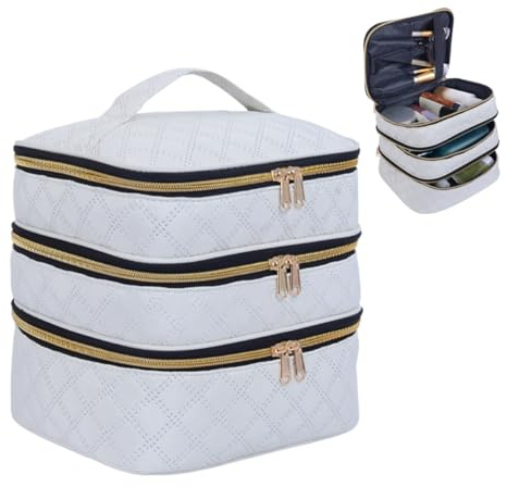 LANDFOBO Large Makeup Bag 3 Layers with Handle Travel Makeup Bag Organizer Toiletry Accessories Bottles, Brushes, and Skin Care Products (Beige)