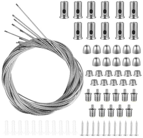 11 STK Drahtseil Seilaufhängung, Edelstahlseil Lampenaufhängung Einbauset 1.5mm x 1m, Einstellbare Drahtseilhalter Aufhängung für Seilabhängung LED Lampen Deckenpaneele Aufhänger Schnur Befestigungs