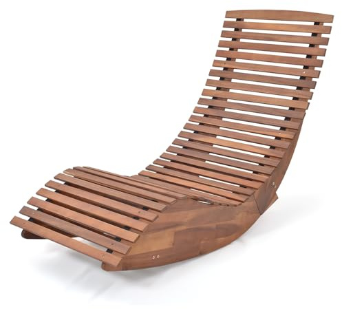 KOMFOTTEU Lot de 1/2, Transat à Bascule en Bois d’Acacia, Bain de Soleil, Charge 300 kg, Lit de Jardin, Style Rustique, 157 x 60 x 76 cm, pour Patio, Terrasse, Piscine (1)