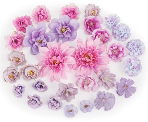 SOSMAR 30 PCS Artificial Flowers Heads for Decoraiton, Faux Flower Heads for Cake Decorations Crafting Wedding Party Hair Accessory Home Décor, Purple Roses Hydrangea Carnation
