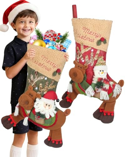EXTFANS Riesige Nikolausstiefel Zum Befüllen 2er-Set, 24 Inch Großer Nikolausstrumpf für Große Geschenke，3D-Weihnachtsstrumpf Aufhängen für Baum und Kaminsimsdekoration, Festliche Dekoration