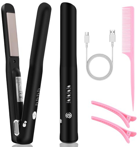 Fer à Lisser Voyage Sans Fil 2 En 1, Mini Lisseur de Voyage Portable, Fer à Lisser et à Boucler Sans Fil, Portable Mini Lisseur, lisseur Cheveux Sans Fil mini pour les voyages, 4 Modes de Chauffage