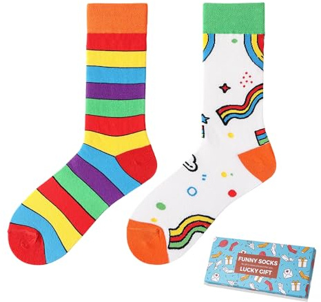NxnChc Calcetines Divertidos Unisex para Mujer y Hombre con Diseños Asimétricos en Par - Temas Rayas de arcoíris Animales, Comida, Fruta, Deporte y Arte en Algodón - Ideal para Regalos