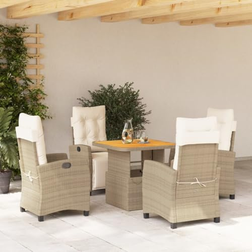 Runheo 5-TLG. Garten-Essgruppe, Beige Poly Rattan, verstellbare Relaxsessel & höhenverstellbarer Tisch, UV-beständig, mit Kissen, für Terrasse, Balkon, Outdoor-Möbel-Set