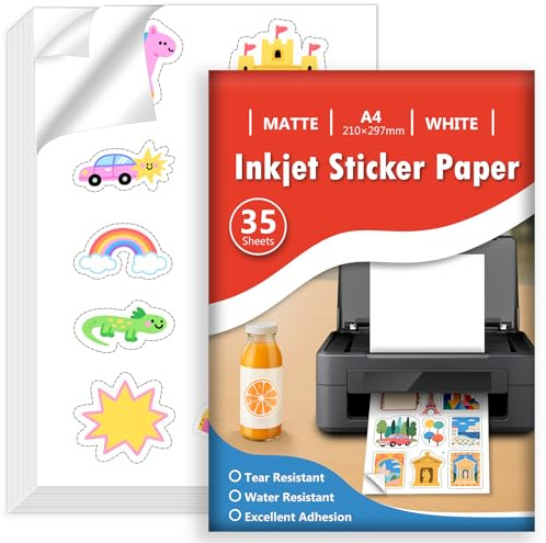 Euqvunn 35 Hojas Papel Pegatina para Imprimir A4, Vinilo Imprimible Adhesivo Blanco Mate Impermeable, Secado Rápido, Adhesivo de Página Completa para Impresoras de Inyección de Tinta, 210x297mm