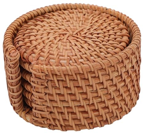KIMISS Sottobicchieri Assorbenti per Bevande - Set di 6 Sottobicchieri in Rattan con Supporto Piatti Base per Tazze Intrecciati Piatti Pentola Cuscinetti Caldi Isolati 8 Cm - Calore Fatto a Mano in
