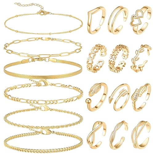 Rndqw 6 Pcs Ankle Bracelets for Women and Set of 12 Toe Rings for Women, Fashionable and Elegant Toe Rings for Beach Outings, Parties, or Casual Everyday Use