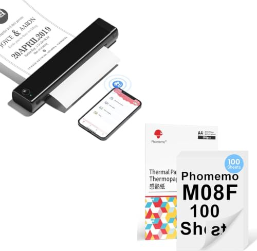 Phomemo M08F Tragbarer Drucker Schwarz mit 100 Blatt Doppelseitigem A4 Thermopapier, kabelloser Bluetooth-Mobildrucker für Reisen, Auto, Büro & Zuhause, Tintenloser Druck