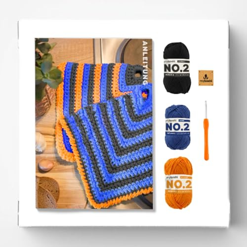 myboshi Häkelset Topflappen Tonami, inkl. No.2 Wolle, Nadel und Anleitung, Häkelpaket 85% Baumwolle, 15% Kapok Orange mit Häkelnadel